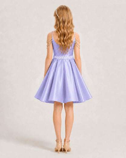 Lavender Satin A-line Girls Formal Dress Back View
