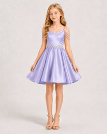 Dideyttawl Girls Formal Dress with Rhinestone Shoulder Drape and Beaded Waistband