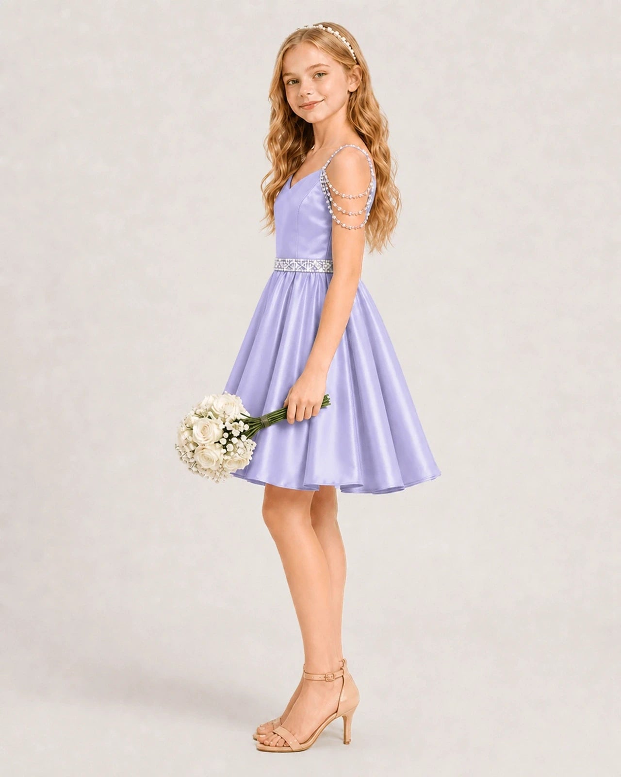 Dideyttawl Girls Formal Dress with Rhinestone Shoulder Drape and Beaded Waistband