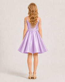 Dideyttawl Girls Formal Dress with Rhinestone Shoulder Drape and Beaded Waistband