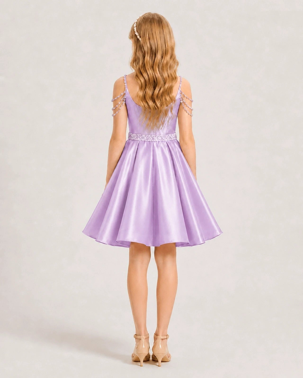 Dideyttawl Girls Formal Dress with Rhinestone Shoulder Drape and Beaded Waistband