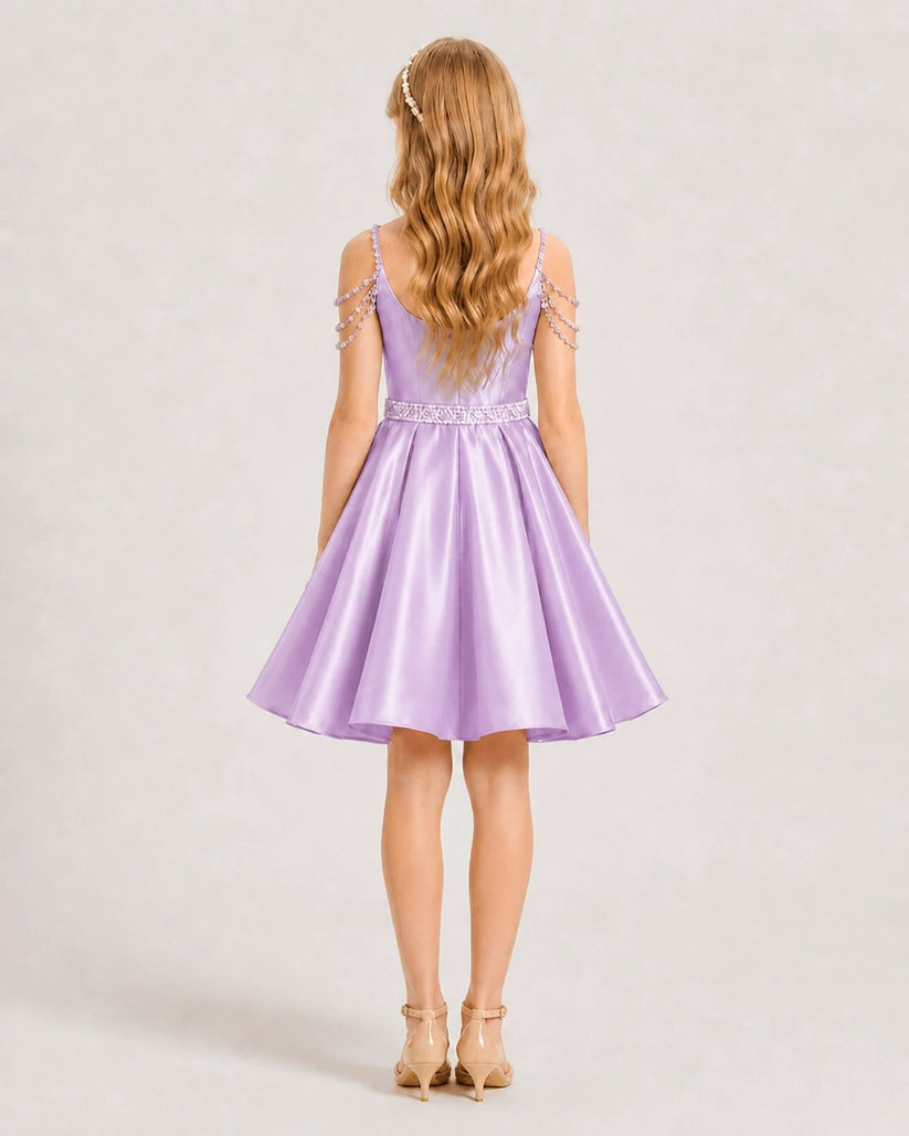 Lilac Satin A-line Girls Formal Dress Back View