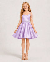 Lilac Satin A-line Girls Formal Dress Front View