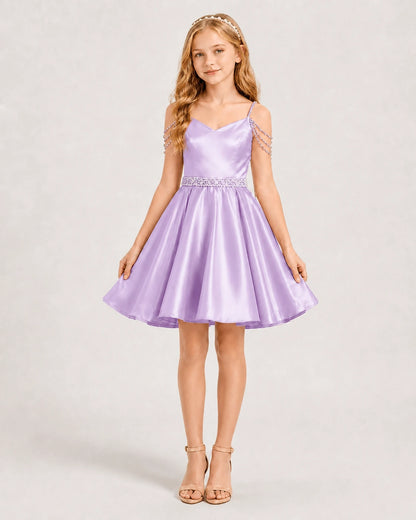 Lilac Satin A-line Girls Formal Dress Front View