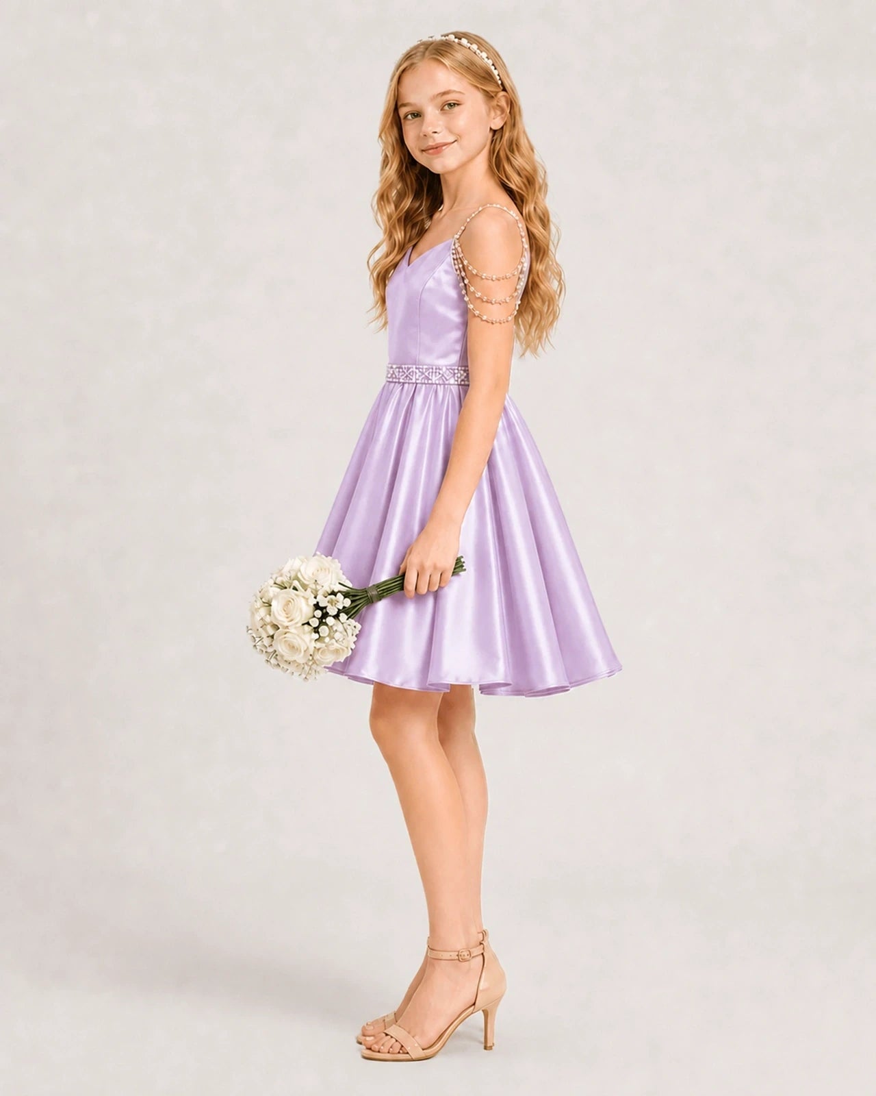 Dideyttawl Girls Formal Dress with Rhinestone Shoulder Drape and Beaded Waistband