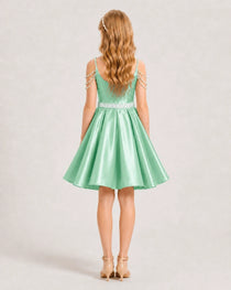 Dideyttawl Girls Formal Dress with Rhinestone Shoulder Drape and Beaded Waistband