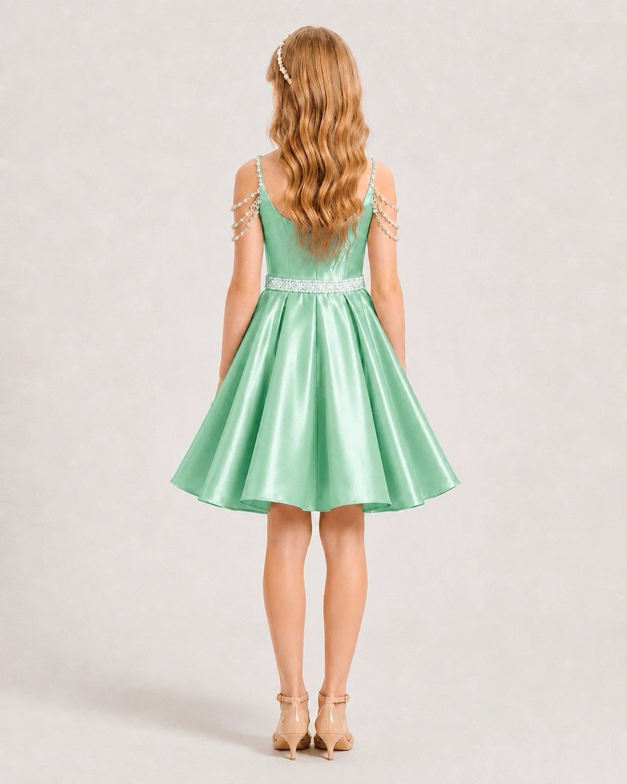 Dideyttawl Girls Formal Dress with Rhinestone Shoulder Drape and Beaded Waistband