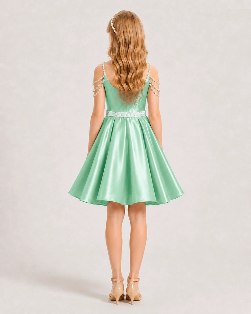 Mint Green Satin A-line Girls Formal Dress Back View