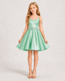 Dideyttawl Girls Formal Dress with Rhinestone Shoulder Drape and Beaded Waistband