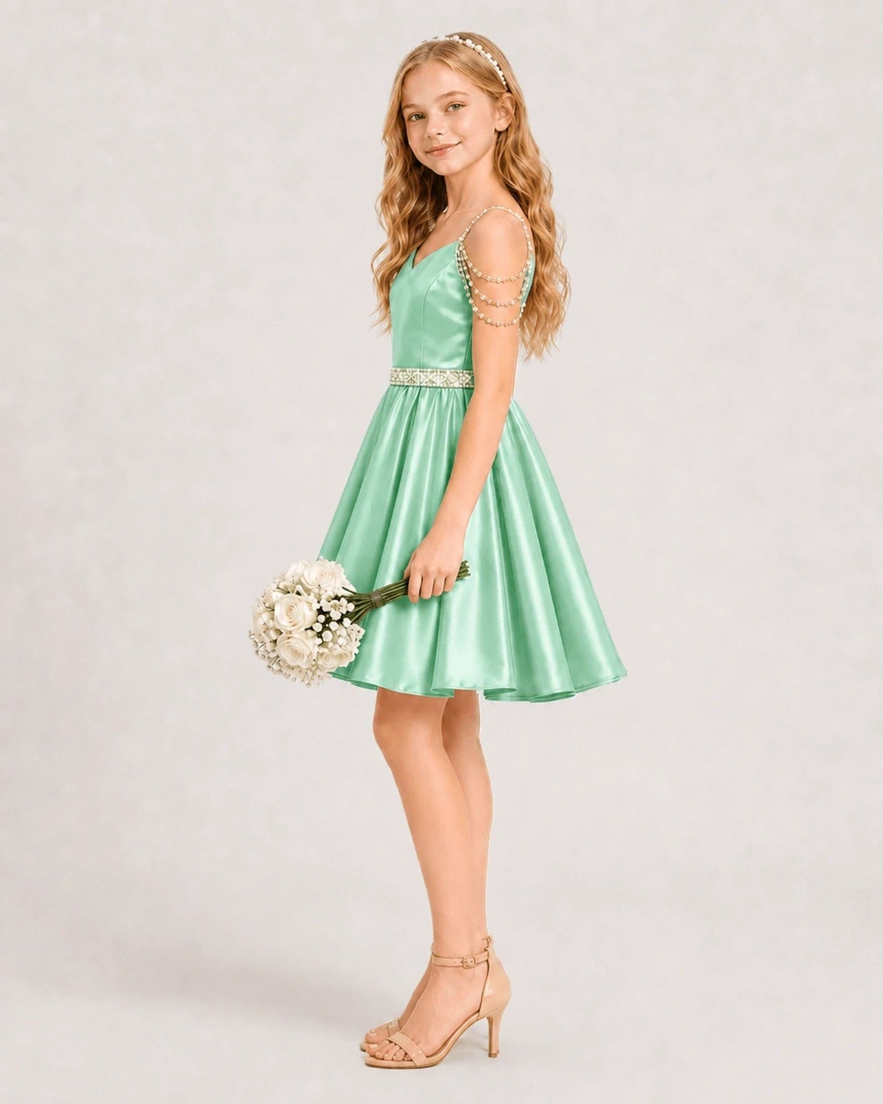 Dideyttawl Girls Formal Dress with Rhinestone Shoulder Drape and Beaded Waistband