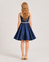 Dideyttawl Girls Formal Dress with Rhinestone Shoulder Drape and Beaded Waistband