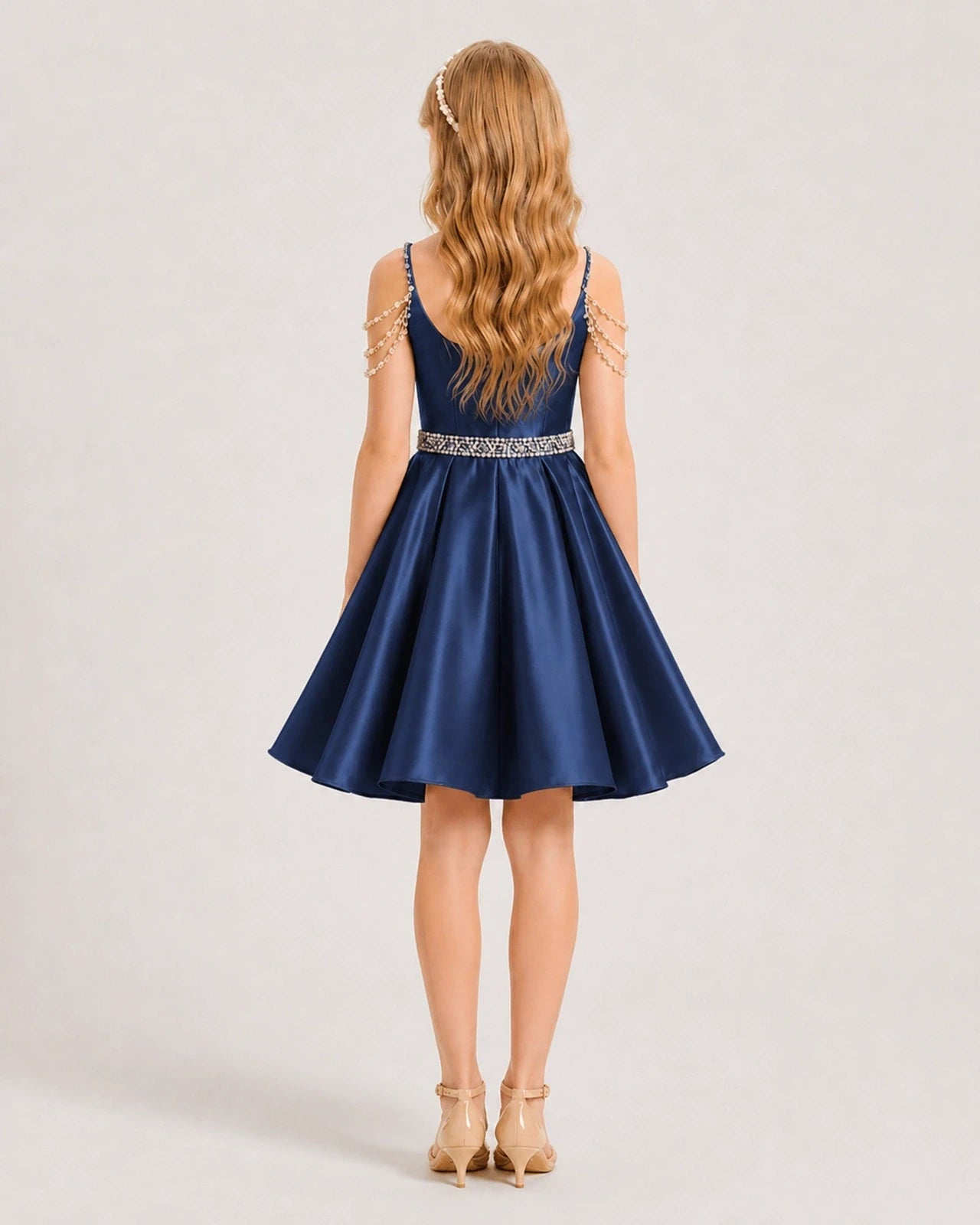 Dideyttawl Girls Formal Dress with Rhinestone Shoulder Drape and Beaded Waistband
