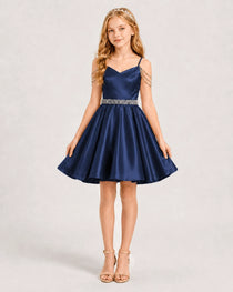 Dideyttawl Girls Formal Dress with Rhinestone Shoulder Drape and Beaded Waistband