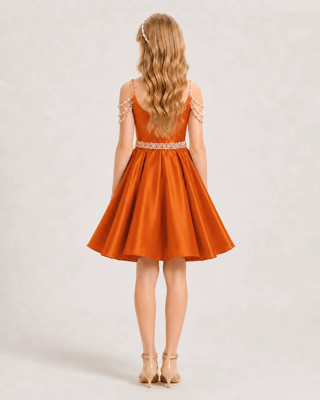 Orange Satin A-line Girls Formal Dress Back View