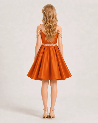 Orange Satin A-line Girls Formal Dress Back View