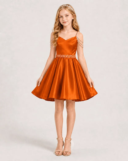 Orange Satin A-line Girls Formal Dress Front View