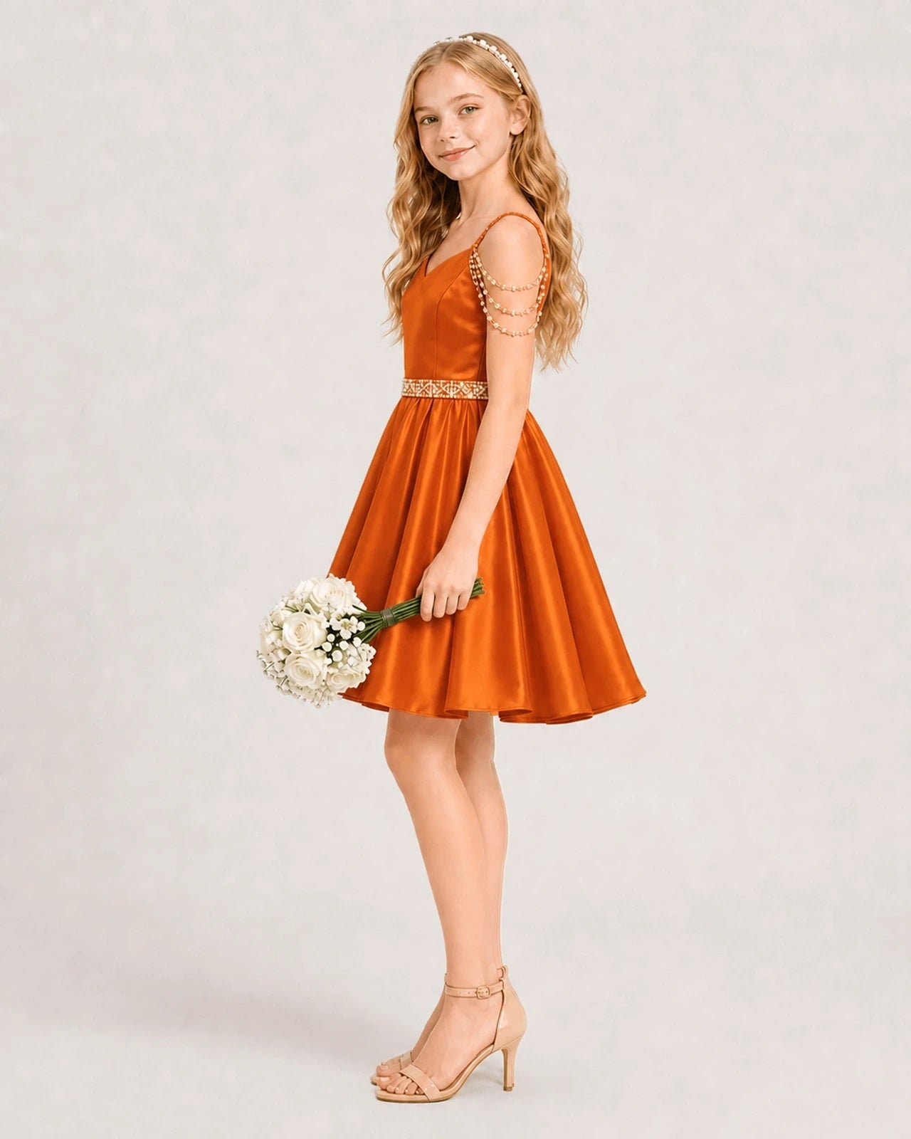Dideyttawl Girls Formal Dress with Rhinestone Shoulder Drape and Beaded Waistband