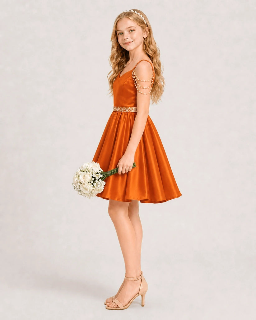 Orange Satin A-line Girls Formal Dress Side View