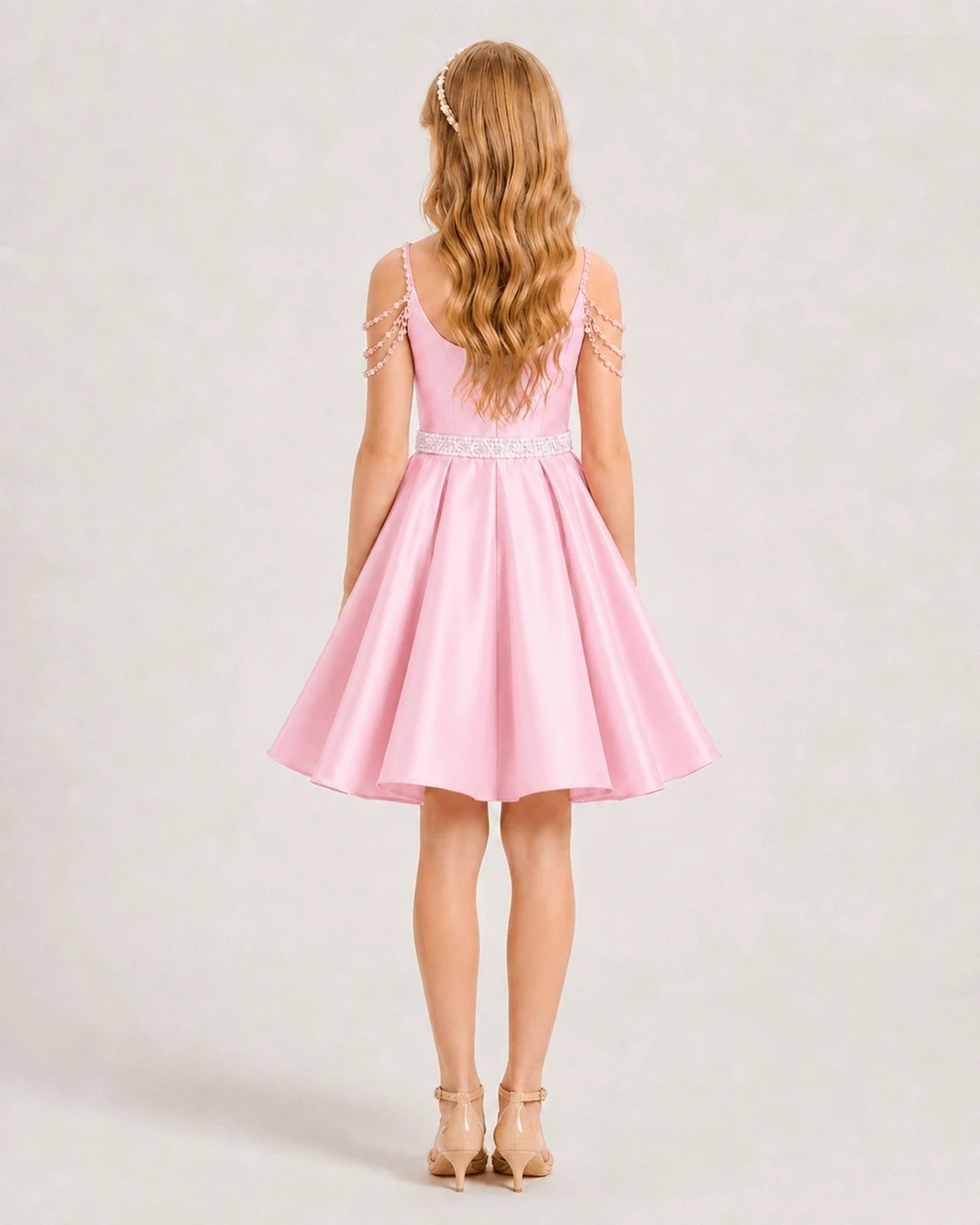 Pink Satin A-line Girls Formal Dress Back View