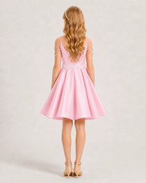 Dideyttawl Girls Formal Dress with Rhinestone Shoulder Drape and Beaded Waistband