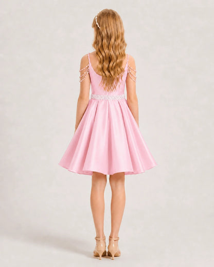 Pink Satin A-line Girls Formal Dress Back View