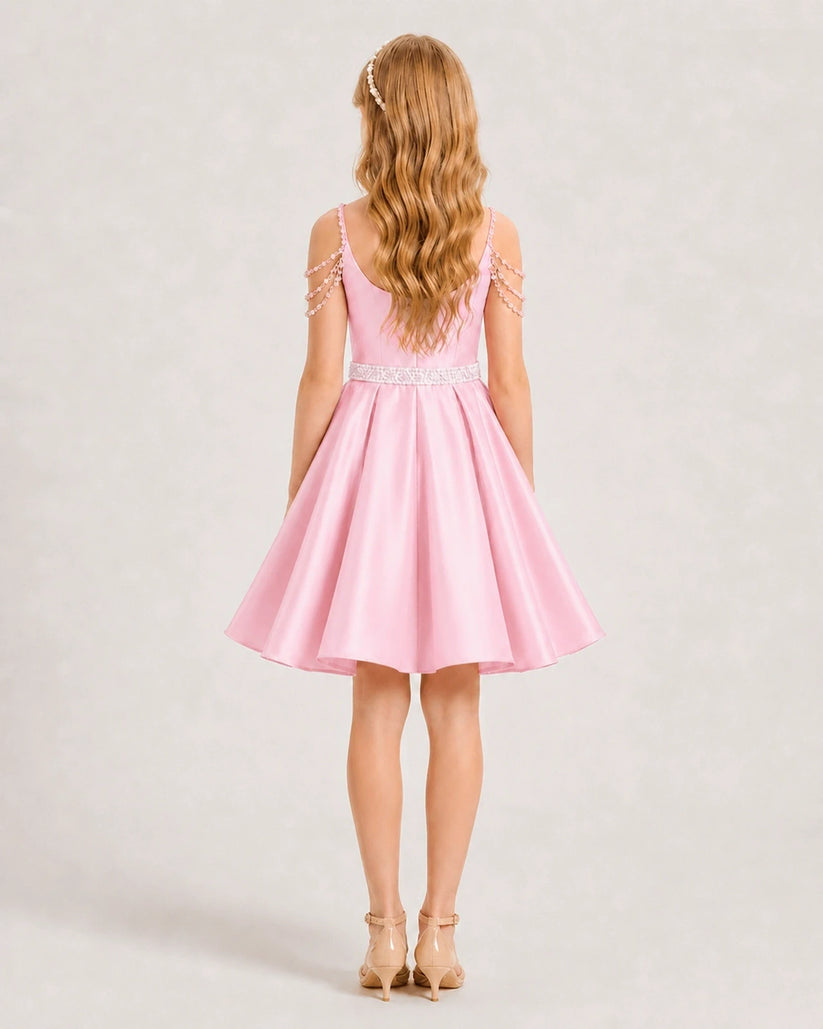 Pink Satin A-line Girls Formal Dress Back View