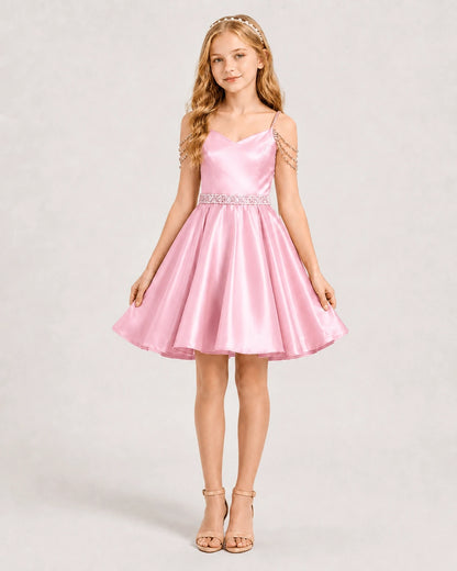 Pink Satin A-line Girls Formal Dress Front View