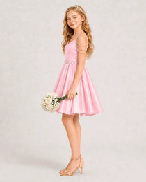 Dideyttawl Girls Formal Dress with Rhinestone Shoulder Drape and Beaded Waistband