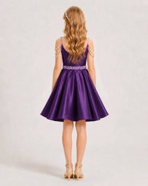 Dideyttawl Girls Formal Dress with Rhinestone Shoulder Drape and Beaded Waistband