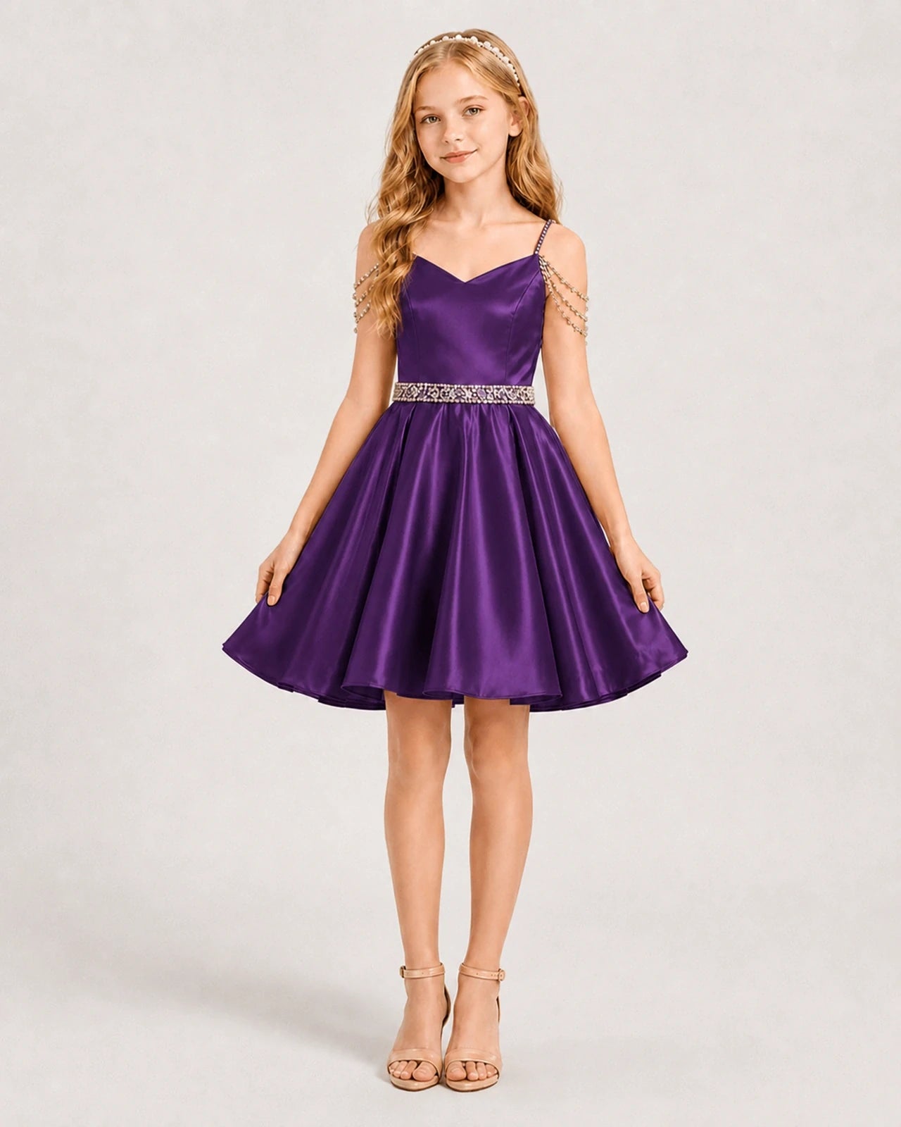 Purple Satin A-line Girls Formal Dress Front View