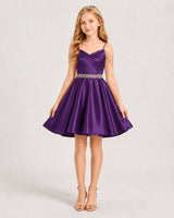 Purple Satin A-line Girls Formal Dress Front View