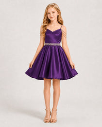 Dideyttawl Girls Formal Dress with Rhinestone Shoulder Drape and Beaded Waistband