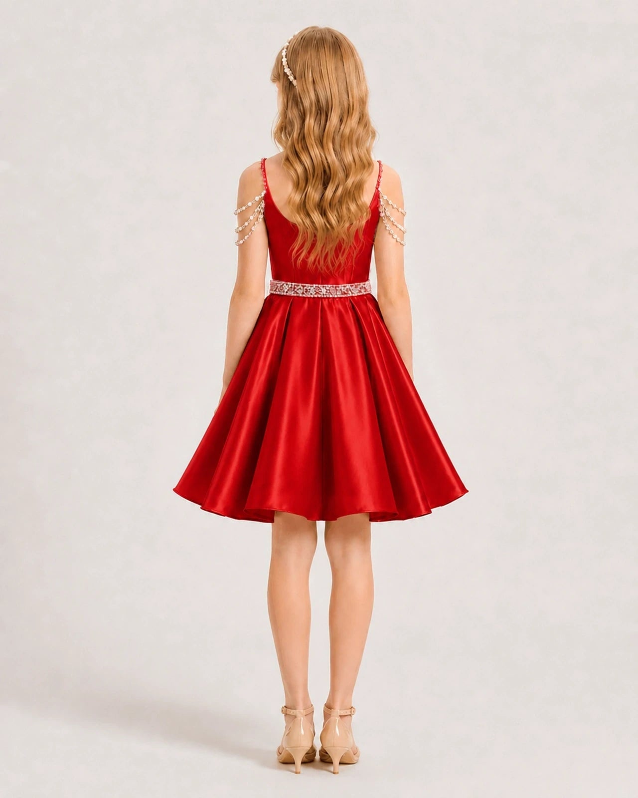Red Satin A-line Girls Formal Dress Back View