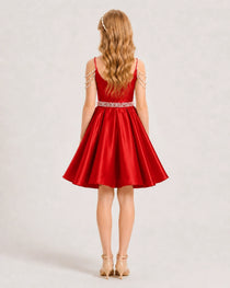 Dideyttawl Girls Formal Dress with Rhinestone Shoulder Drape and Beaded Waistband
