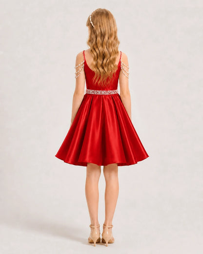 Red Satin A-line Girls Formal Dress Back View