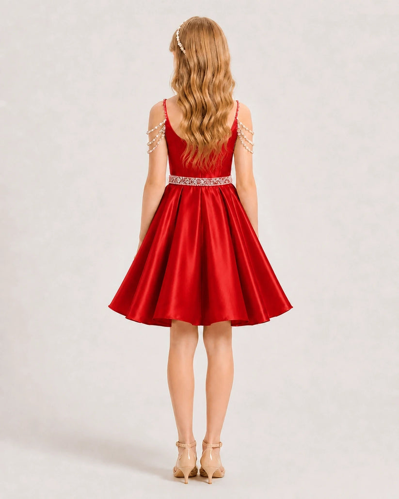Red Satin A-line Girls Formal Dress Back View