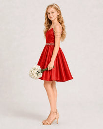 Dideyttawl Girls Formal Dress with Rhinestone Shoulder Drape and Beaded Waistband
