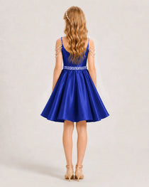 Dideyttawl Girls Formal Dress with Rhinestone Shoulder Drape and Beaded Waistband
