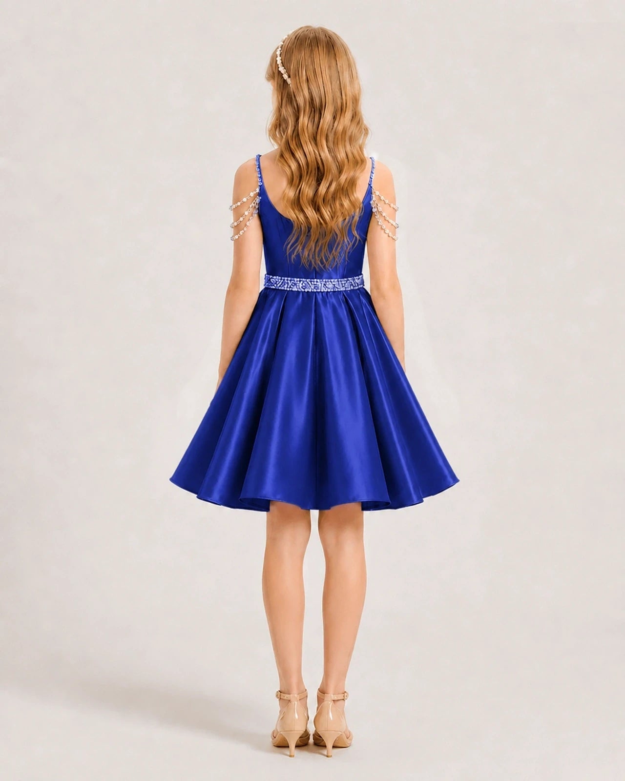Dideyttawl Girls Formal Dress with Rhinestone Shoulder Drape and Beaded Waistband