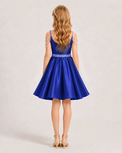 Royal Blue Satin A-line Girls Formal Dress Back View