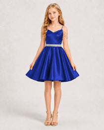 Dideyttawl Girls Formal Dress with Rhinestone Shoulder Drape and Beaded Waistband