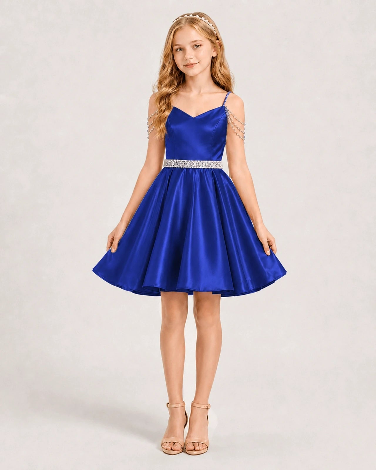 Dideyttawl Girls Formal Dress with Rhinestone Shoulder Drape and Beaded Waistband