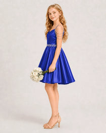 Dideyttawl Girls Formal Dress with Rhinestone Shoulder Drape and Beaded Waistband