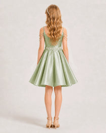 Dideyttawl Girls Formal Dress with Rhinestone Shoulder Drape and Beaded Waistband