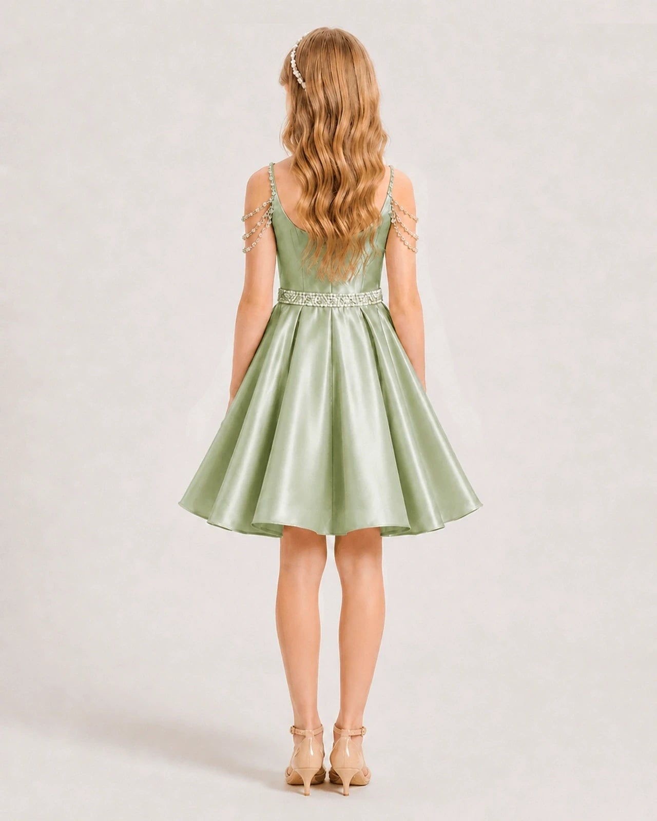 Dideyttawl Girls Formal Dress with Rhinestone Shoulder Drape and Beaded Waistband
