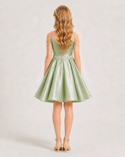 Sage Green Satin A-line Girls Formal Dress Back View