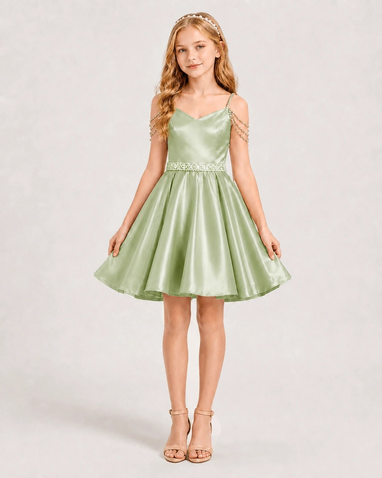 Dideyttawl Girls Formal Dress with Rhinestone Shoulder Drape and Beaded Waistband