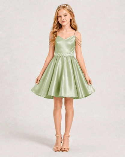Sage Green Satin A-line Girls Formal Dress Front View