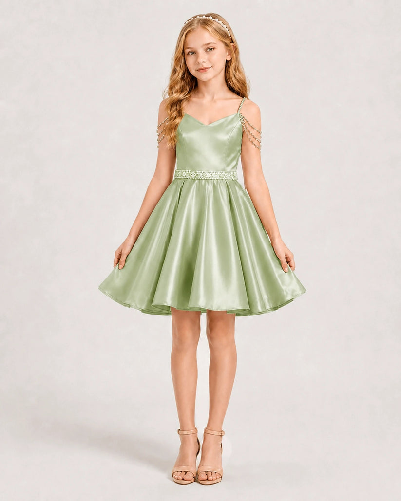 Sage Green Satin A-line Girls Formal Dress Front View