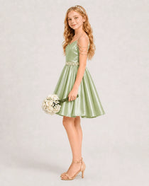 Dideyttawl Girls Formal Dress with Rhinestone Shoulder Drape and Beaded Waistband